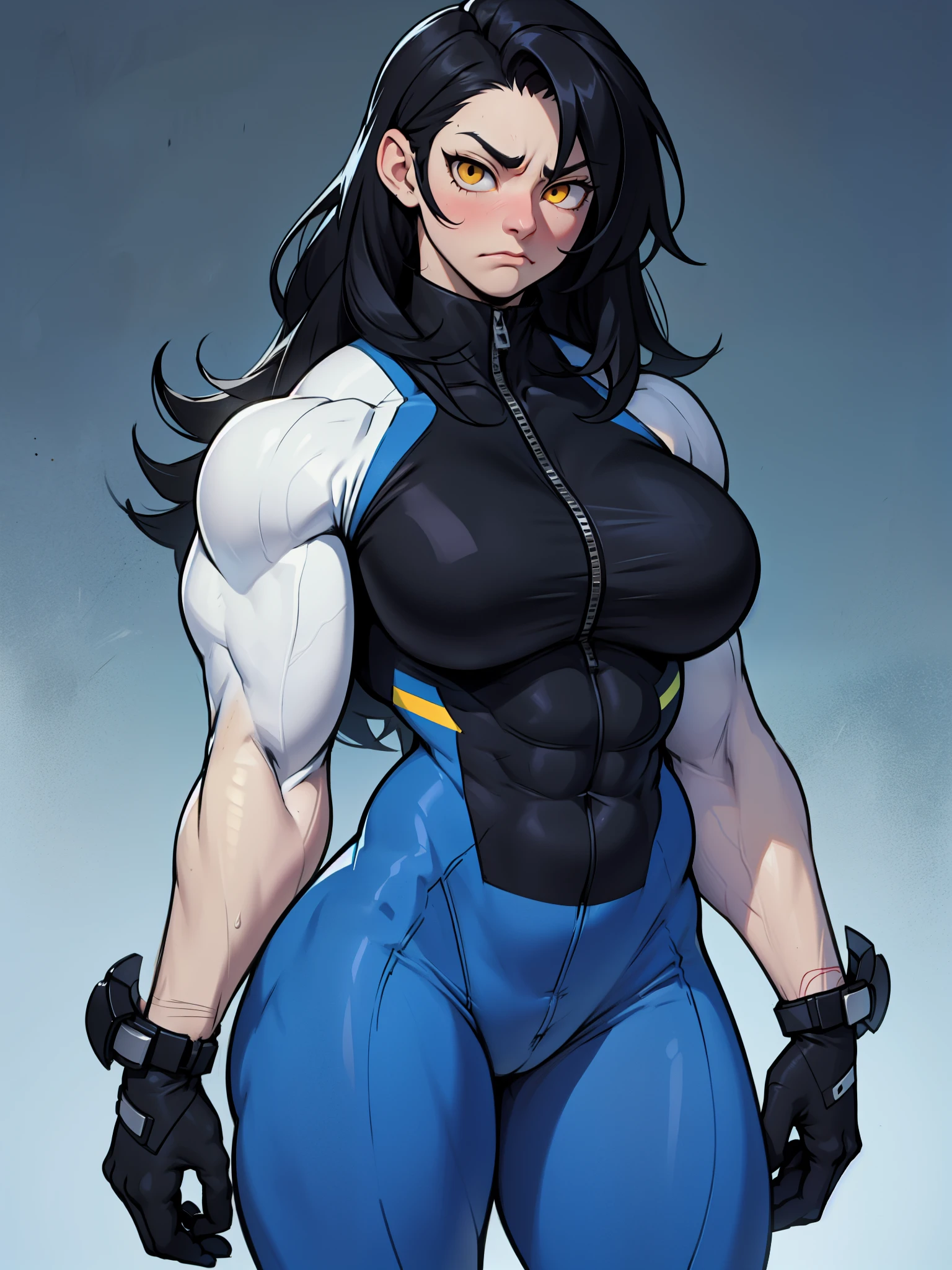 1girl, extremely long hair, solo, (((((muscular))))), veins, black hair, yellow eyes, blushing, (((((thick thighs))))), pale skin, strong, veins, abs, big thighs, (((((huge breasts))))), navel, standing, angry, bodysuit, skintight, pilot suit,