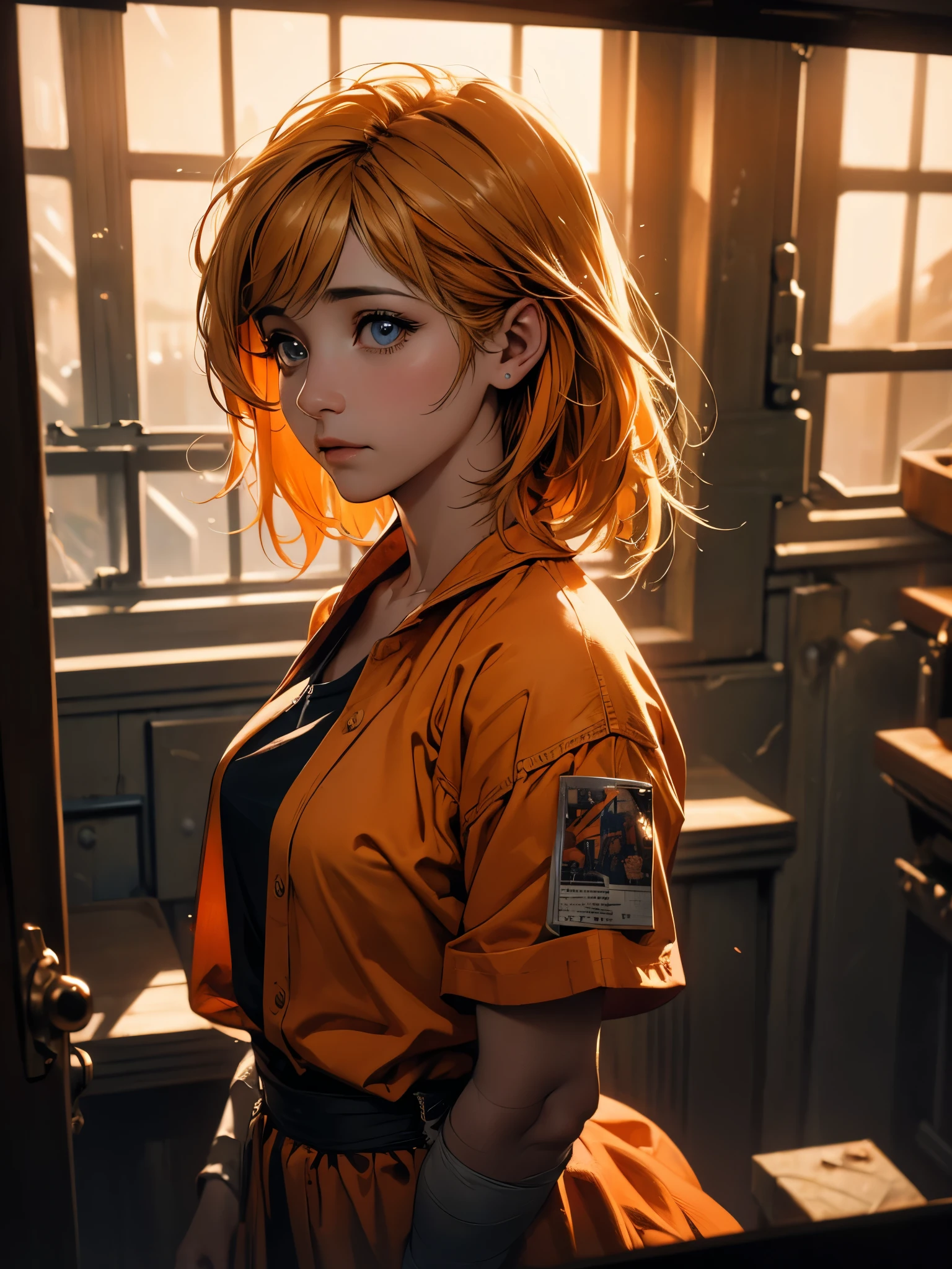 ((realism)), extremely high quality RAW photograph, detailed background, intricate, messy hair, Exquisite details and textures, highly detailed, Photo of (Allison Mack) in a prison cell, (wearing orange prison clothes:1.3), Looking away from the camera, ultra detailed photograph, warm lighting, artstation, 4k, sharp focus, high resolution, detailed skin, detailed eyes, 8k uhd, dslr, low harsh lighting, high quality, film grain, Fujifilm XT3, sad:1.3