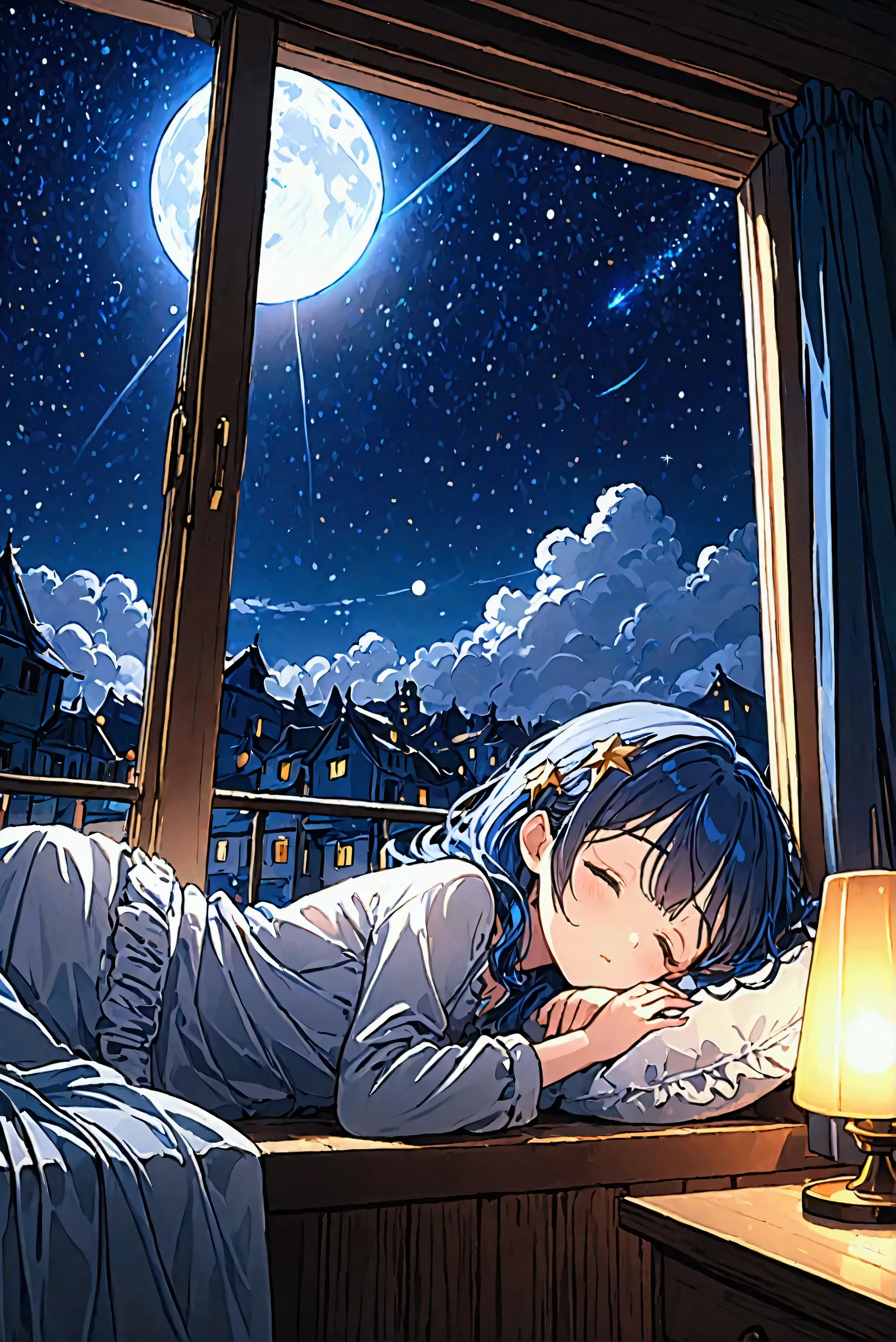 1girl\(cute, kawaii, small kid, cosmic hair with blue underneath, eyes closed,lying,sleeping in the fluffy bed\), cute girly room, midnight, window\( moonlight and stars and midnight town\), from side, wide angle, landscape, panoramic, anime style, cinematic, chill, lo-fi, BREAK ,quality\(8k,wallpaper of extremely detailed CG unit, ​masterpiece,hight resolution,top-quality,top-quality real texture skin,hyper realisitic,increase the resolution,RAW photos,best qualtiy,highly detailed,the wallpaper,cinematic lighting,ray trace,golden ratio,\)