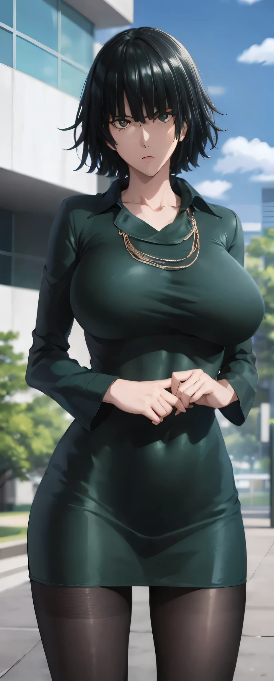 Fubuki from anime one punch man, fubuki, Best quality, Masterpiece, Ultra-detailed, Detailed light, (RAW photo:1.2), (Photorealistic:1.4),(Masterpiece:1.3),(Best quality:1.4), 1girll, Solo, Waist up, short hair , don't have clothes，Naked of breast，huge tit，nacked hip，Giant buttocks，Golden breasts，Intimidation eyes, Tight dark green dress, pantyhose