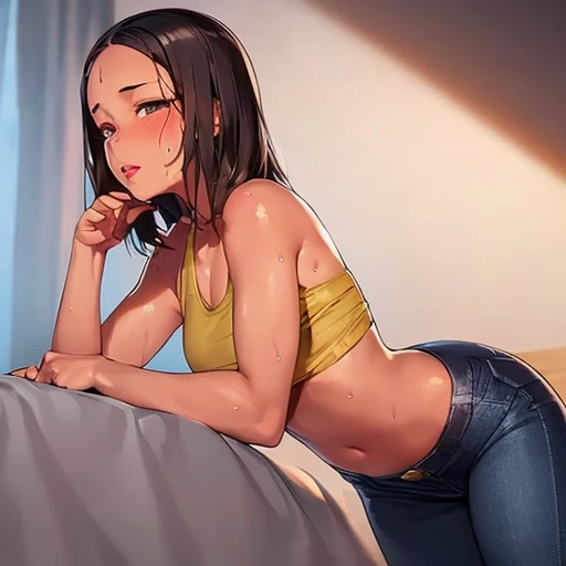 2D, superb, (masterpiece), (Total Length),(just a girl.:1.6), (dense lips:1.6), (medium hair:1.6), (beautiful brunette girl), (Healthy dark skin), (sunburn mark), clavicle, (Hot jeans:1.3), (rising top), High school students,slenderness ,Glamorous bare feet, leg hair, brown eyes, attractive thighs, medium chest, Room, bed, light from the window, sexy expression, sweaty, wet hair, Hair drops,Place your hands on your chest, breathless, Bold pose