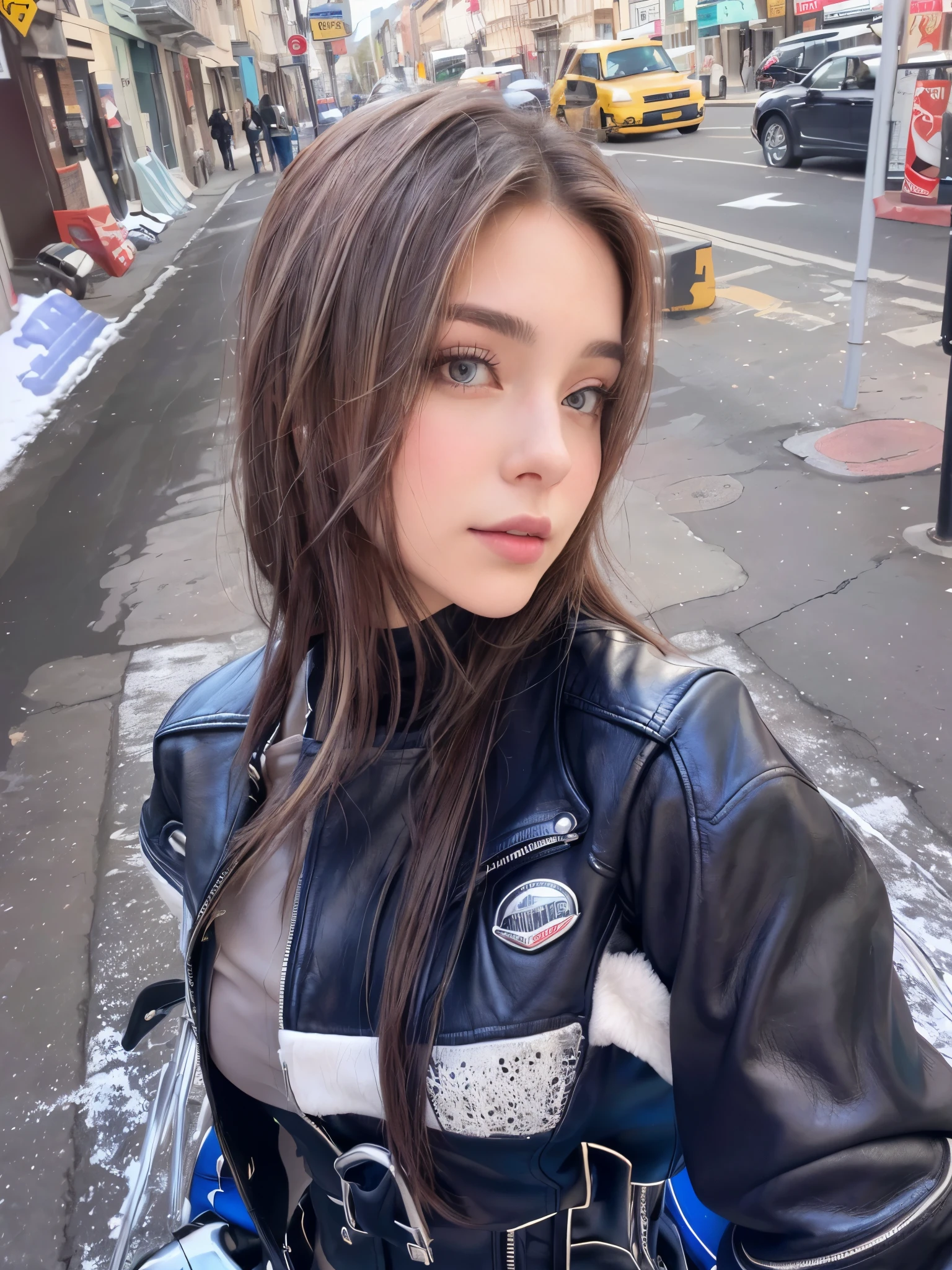 A stunning, intricate full color portrait in Ultra-HD, a girl, brown hair, blue eyes, detailed face, dressed in a black leather jacket, in a room with a sunlit window, epic character composition , alessio albi. nina masic, sharp focus, natural lighting, subsurface dispersion, f2, 35mm,