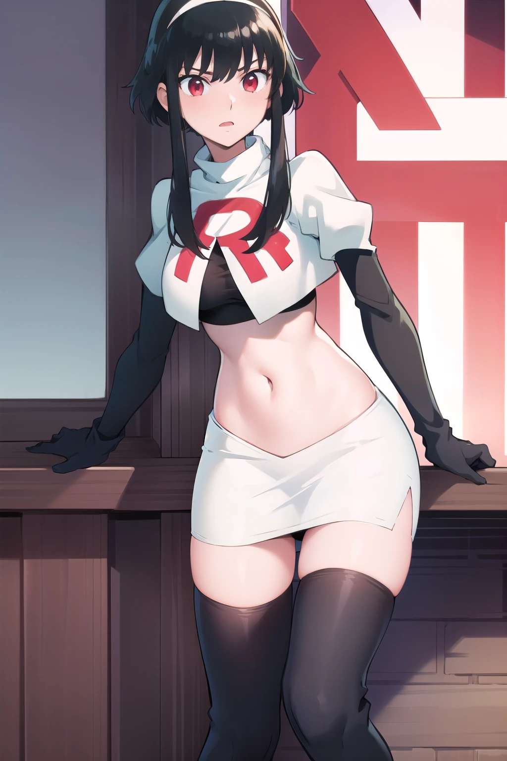 tifa ff7, black hair, long hair, red eyes ,glossy lips, light makeup, eye shadow, earrings ,team rocket,team rocket uniform, red letter R, white skirt,white crop top,black thigh-high boots, black elbow gloves,