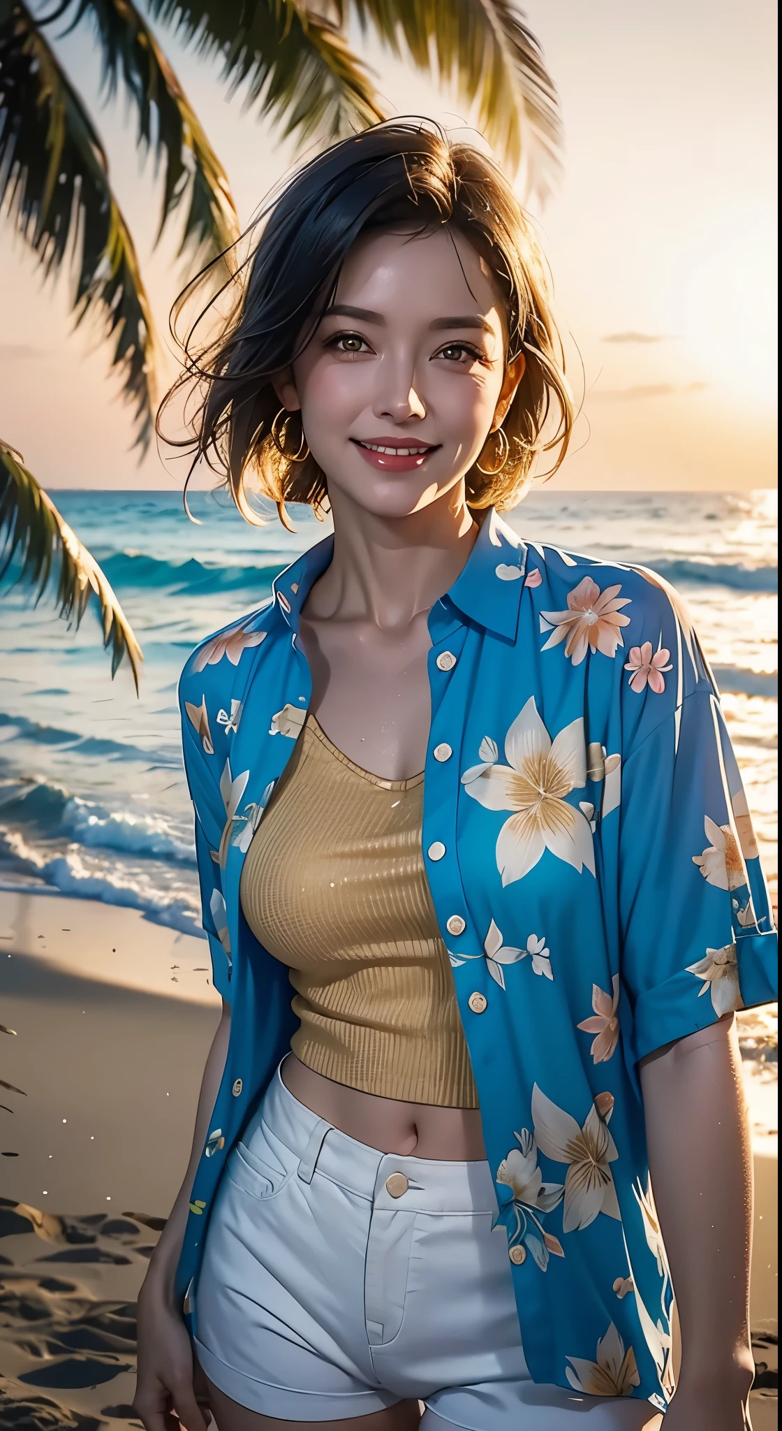 beach floral shirt, white shorts, short dark hair, 42 years old woman, turning and looking at the camera, smile and ready to give you a kiss, she is standing in the ocean, light particles, wet look, golden hour, realistic, masterpiece, highest quality, lens flare, shade, bloom, [[chromatic aberration]], golden hour