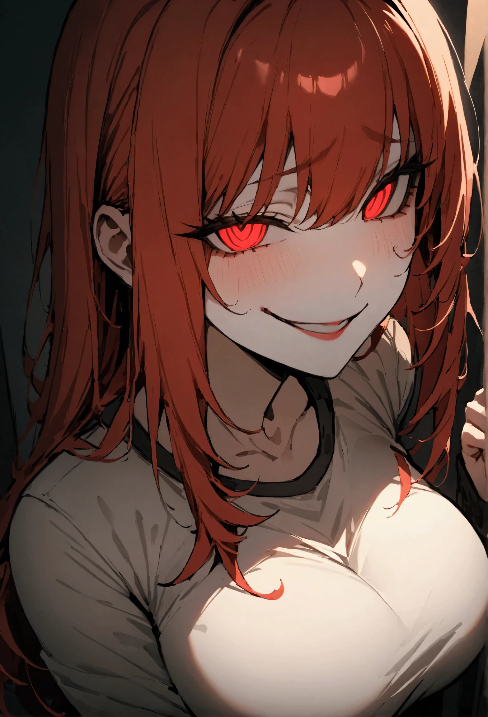 (masterpiece:1.2, The best quality), 1 woman, The whole body, fitted shirt, casual, big breasts,by the wide black, Minimalist makeup,pale,natural fabrics, Close-up of the face, evil smile, bright red eyes circular pupils,8k high resolution, detailed lines, ((top)),greeting, we salute