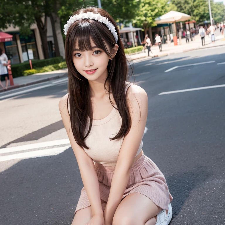 ((No clothes))、((Crouch)),Completely naked、Girl1people,Thick pubic hair,Small nipples、Slender body、Being thin、Long, slender legs、With legs apart,MCharacter splits、loafers,Young face、bangs,A small smile,Thighs,knees,Low ponytail with barrette,,school bag,From below,Front light,Cherry blossoms in the park