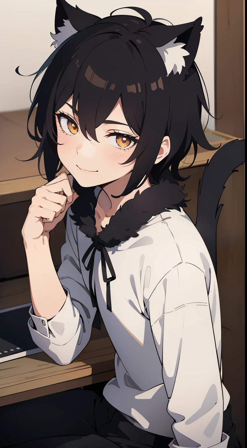 Super detailed,Best Quality, Fine details, anime , 1 person, 1 Boy, Man&#39;s, Black hair, Medium Hair, Messy spiky hair, White eyes, Relaxed facial expression, Yellow pupil, Back fur coat, Fur parka, Black clothes, Cat ears, Animal Ears, Black cat tail, No shirt, Black shorts, A shy smile, Seishiro Nagi hair, Voluminous and messy hair.whole body.Dynamic Composition.Sitting