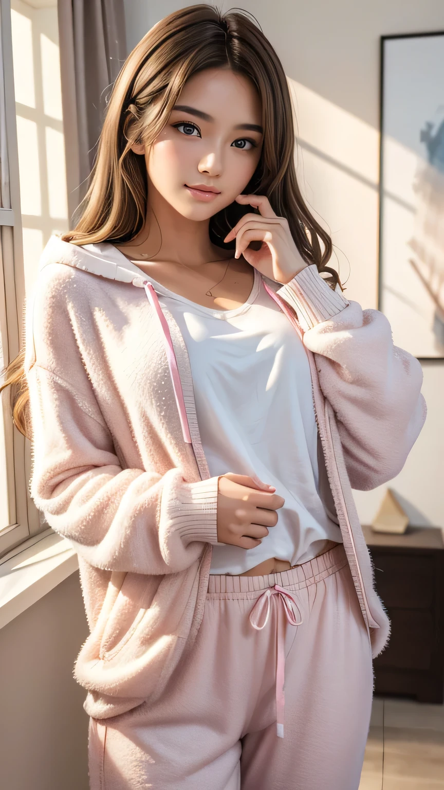 cute girlfriend welcomes the viewers,Blow a kiss to the audience,wink,Welcome,cute,Adorable,1 Female:20-year-old,cute loungewear:Gelato pique room wear:A fluffy white and pink hoodie,Culottes,The epitome of cuteness,Too cute for my taste,Blurred Background,Focus on the girl,Scrunchie,Beautiful, smooth, shiny brown hair,loves it,highest quality,Masterpiece,Super cute,Intricate details,eyelash,The best composition,Anatomically correct,Sweet heart,Photos that make the viewer feel light-hearted,Close one eye,Show off your lips,relax,pastel colour,Fluffy texture,Clothes made of soft materials,Reality,Realistic texture,3d,8k,Half Japan and half Caucasian,Realistic Skin,Realistic Women,Women's advertising photo,fashion brand,A sloppy smile,heart,Sparkling