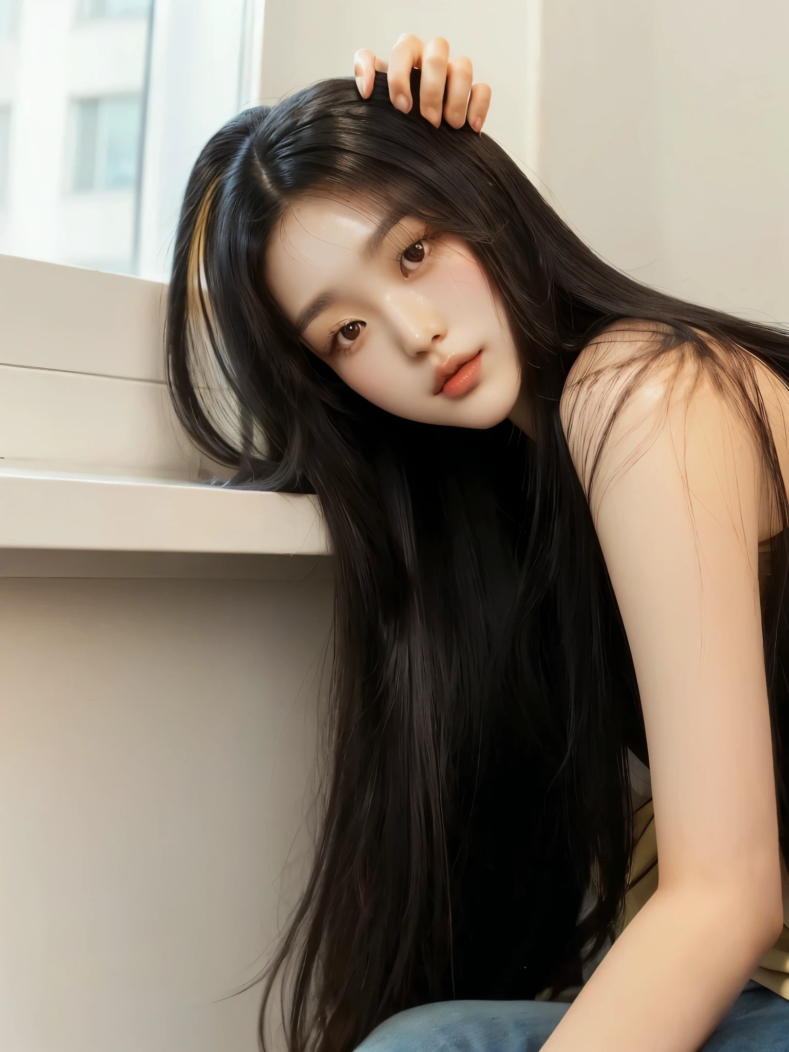Arafed woman with long hair and red lipstick posing for a photo., Heonhwa Choe, beautiful south korean woman, Hye Kyo Song, South Korean popular makeup, popular korean makeup, Hwang se - that, amor suzy, dilraba dilmurat, Beautiful young Korean woman, Lee Ji-eun, Lee Ji-eun, tzuyu from twice