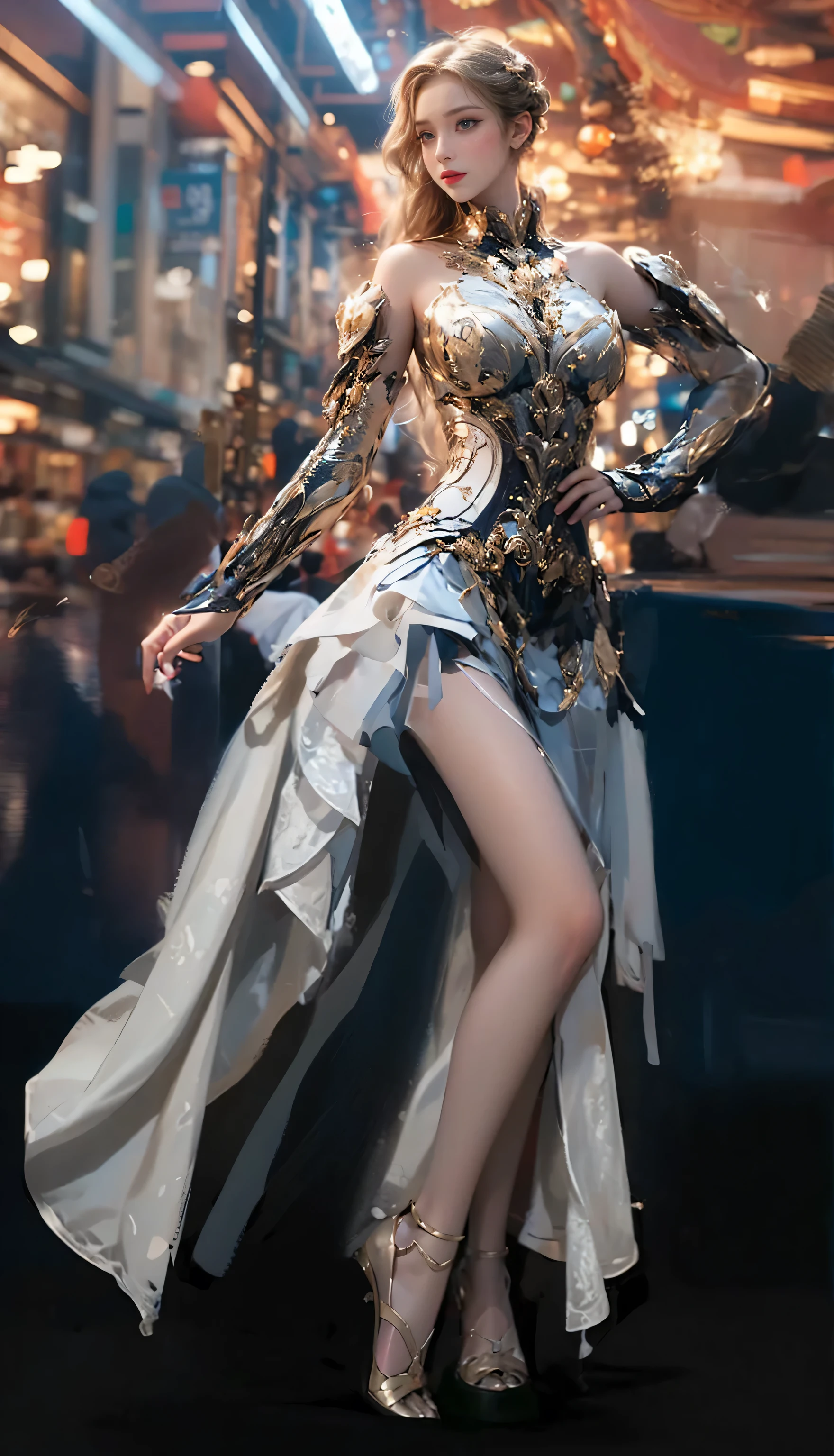 masterpiece, absurdres,
1girl, [lace dress|long skirt|topless|underboob|coat], skinny, fashion show, defile, parade, model, stage, from face, full body, dynamic movement,