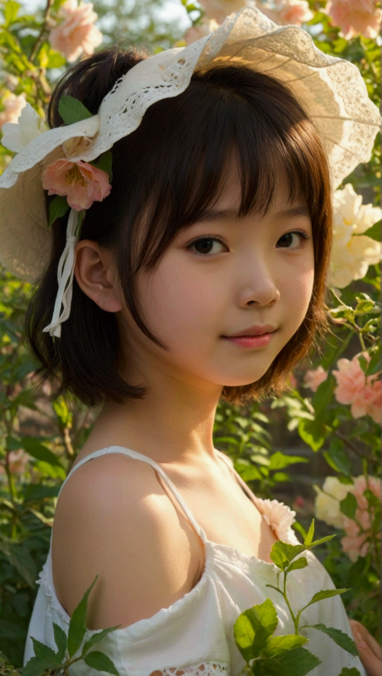 Prettiest asian ((teen)) girl, the cutest girl, sweet girl on the garden, age 10 with perfect budding breast, relaxing, pale skin, juveniles physique, charming adolescents girl, wear white camisoles shirt that show off her unique cuteness, full-body shot