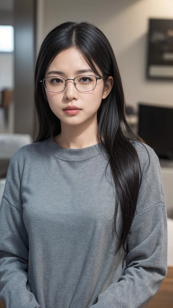 High resolution、masterpiece、Textured Skin、High image quality、超High resolution、Very detailed、woman、Look at,Plain, unkempt black hair、Age 35、Tired look、Rimless Glasses、solo、