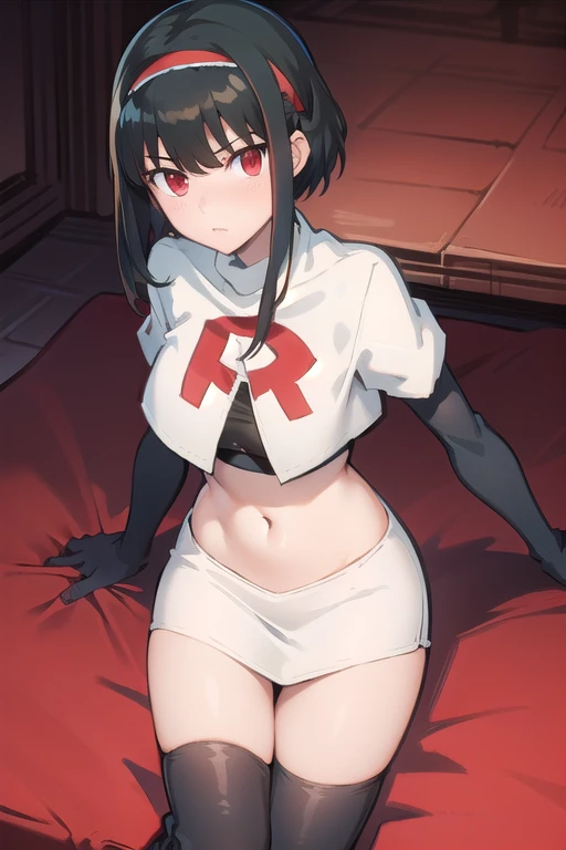 1girl, (kijin seija), breasts, solo, streaked hair, black hair, short hair, multicolored hair, horns, red eyes, crazy eyes, wide-eyed, constricted pupils, team rocket,team rocket uniform, red letter R, white skirt,white crop top,black thigh-highs,black elbow gloves