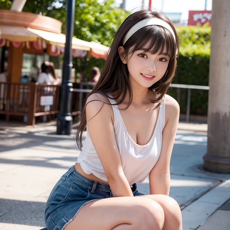 highest quality, masterpiece, High definition, 16K quality, beautiful , Black long hair, beautiful目, A very cute Japanese high school girl who looks like an idol, White panties showing through , camisole, Too short denim mini skirt, Plump and large breasts, camisoleがはち切れそうなパンパンの胸, Thin legs, Slim body, Sitting on the beach with her legs open, Blushing, She is looking at the camera, A smiling, enchanting expression, beautiful clouds in madder color,