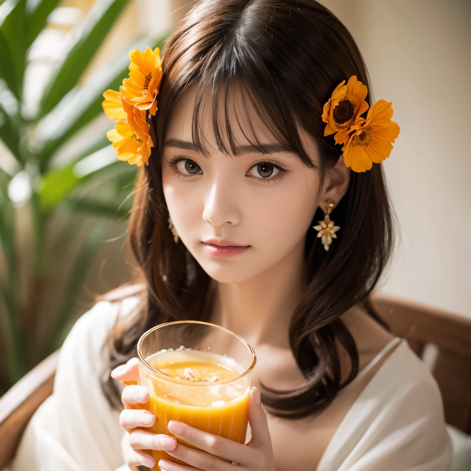 absurd, high resolution, Super detailed, 1 Girl, Solitary, Extremely detailed eyes, stash, seashell, shell, flower, have, Hair accessories, Jewelry, straw have, Looking at the audience, sunglasses, have flower, straw, Hairpin, earrings, red flower, have色眼镜, yellow flower, Bangs, English text, Multi-colored hair, orange flower, Black hair, ring, cup, Long hair, orange-have色眼镜, food, Brown hair, portrait, shell Hair accessories