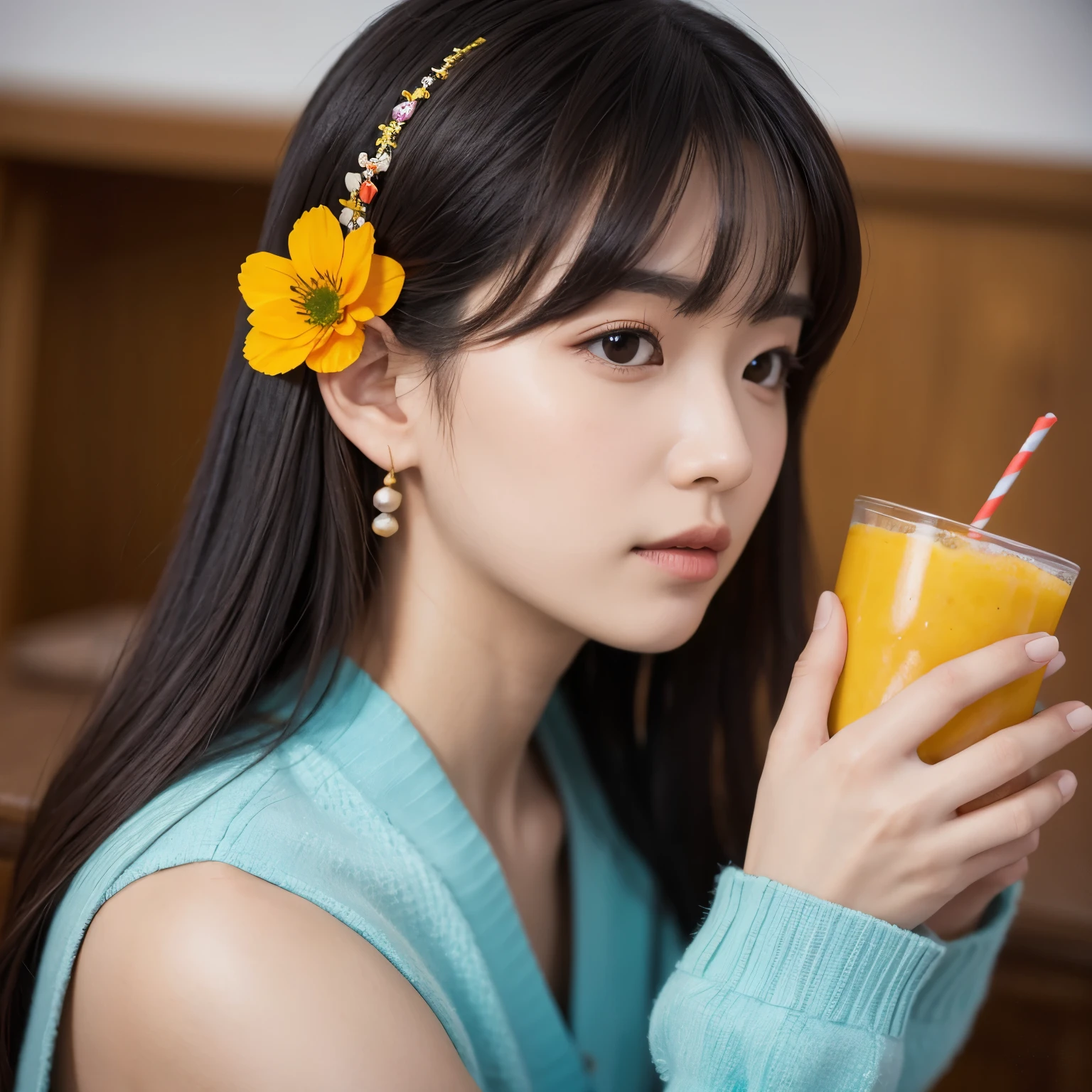 absurd, high resolution, Super detailed, 1 Girl, Solitary, Extremely detailed eyes, stash, seashell, shell, flower, have, Hair accessories, Jewelry, straw have, Looking at the audience, sunglasses, have flower, straw, Hairpin, earrings, red flower, have色眼镜, yellow flower, Bangs, English text, Multi-colored hair, orange flower, Black hair, ring, cup, Long hair, orange-have色眼镜, food, Brown hair, portrait, shell Hair accessories