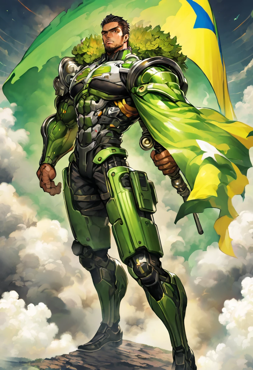 João is a fictional Brazilian hero with a unique ability: he can control and produce carbon smoke from his body. His appearance is robust and muscular, with short, dark hair and a stubble beard. His eyes are brown, intense and always alert to his surroundings. He wears a black, high-tech suit with details in green and yellow, the colors of the Brazilian flag, 8k high definition