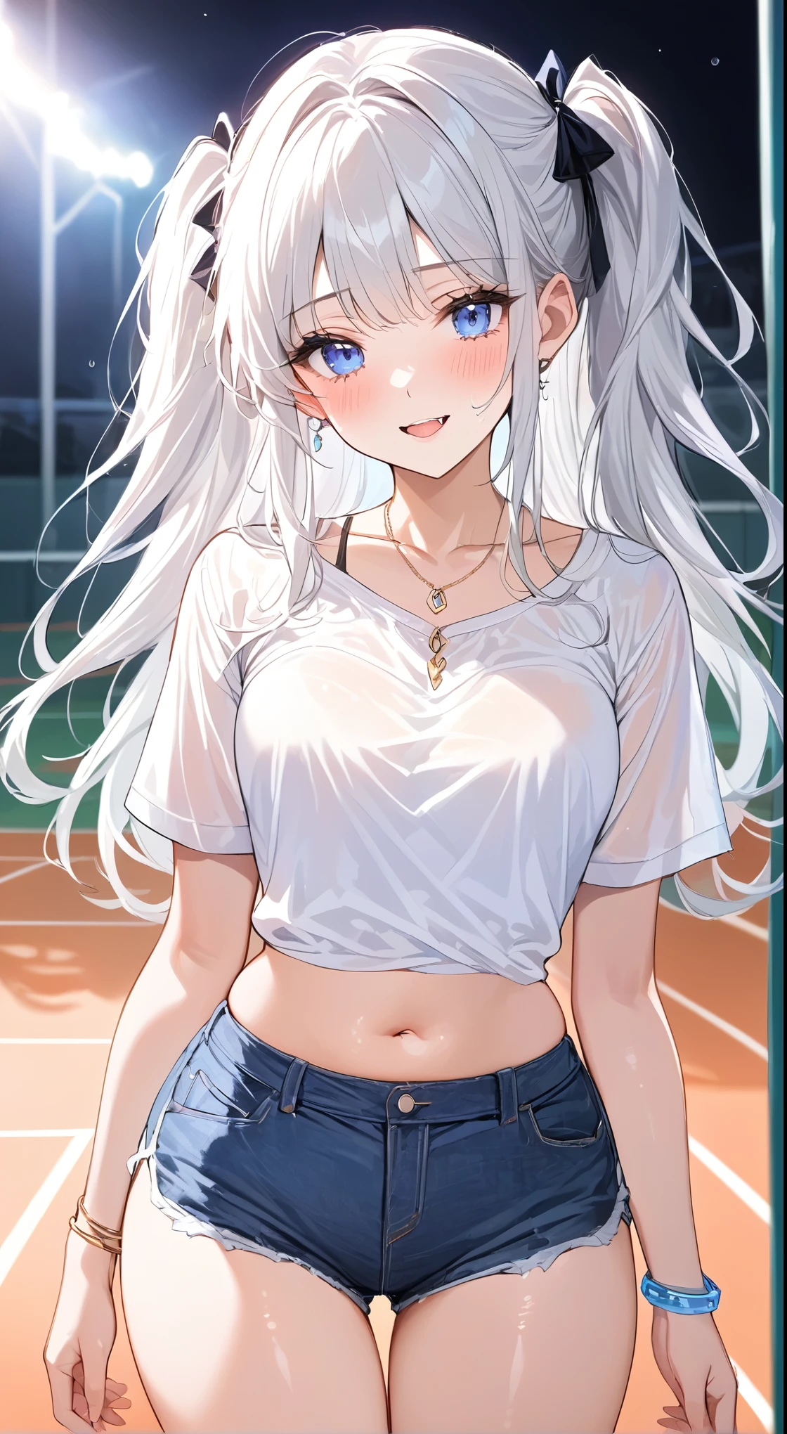 Adult, female, mature, very shy and blushing, white hair with pigtails, beautiful elf all cute, cute big eyes, curly white hair, curly fur, bows in hair, shaggy hair, big yellow eyes, voluminous bangs, parted bangs, long hair with bangs, hair in the eyes, perfect blue eyes, perfect blue irises, voluptuous body, small breasts, plump lips, slender figure, strap blouse, denim shorts, pendant and fabric bracelets on the wrist, school sports court, sweating body, techno, at night, in cyber decor, sexy woman, very flushed, tired expression, shy smile, she is sweaty, fangs, very blushing with shyness, seductive, close up, (Masterpiece, Anatomically Correct, Accurate, Best Quality, Detail, High Details, Quality, Super Detailed, High Quality, Skin Detail, Amazing Skin Detail), (SuperQuality:1.0) ~ (SuperQuality:1.2)