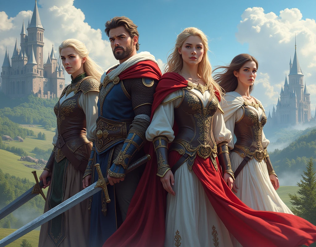 hyperdetailed faces, realistic eyes, two beautiful women and a handsome boy wearing high class court costumes with full medieval weapons standing in a snowy forest, artgerm and wlop, artgerm style, colorful forest, surreal face, masterpiece, wlop and artgerm, artgerm style, detailed artgerm, artgerm and ben lo, extremely detailed artgerm, artgerm and rossdraws, ultra sharp, UHD, 18K
