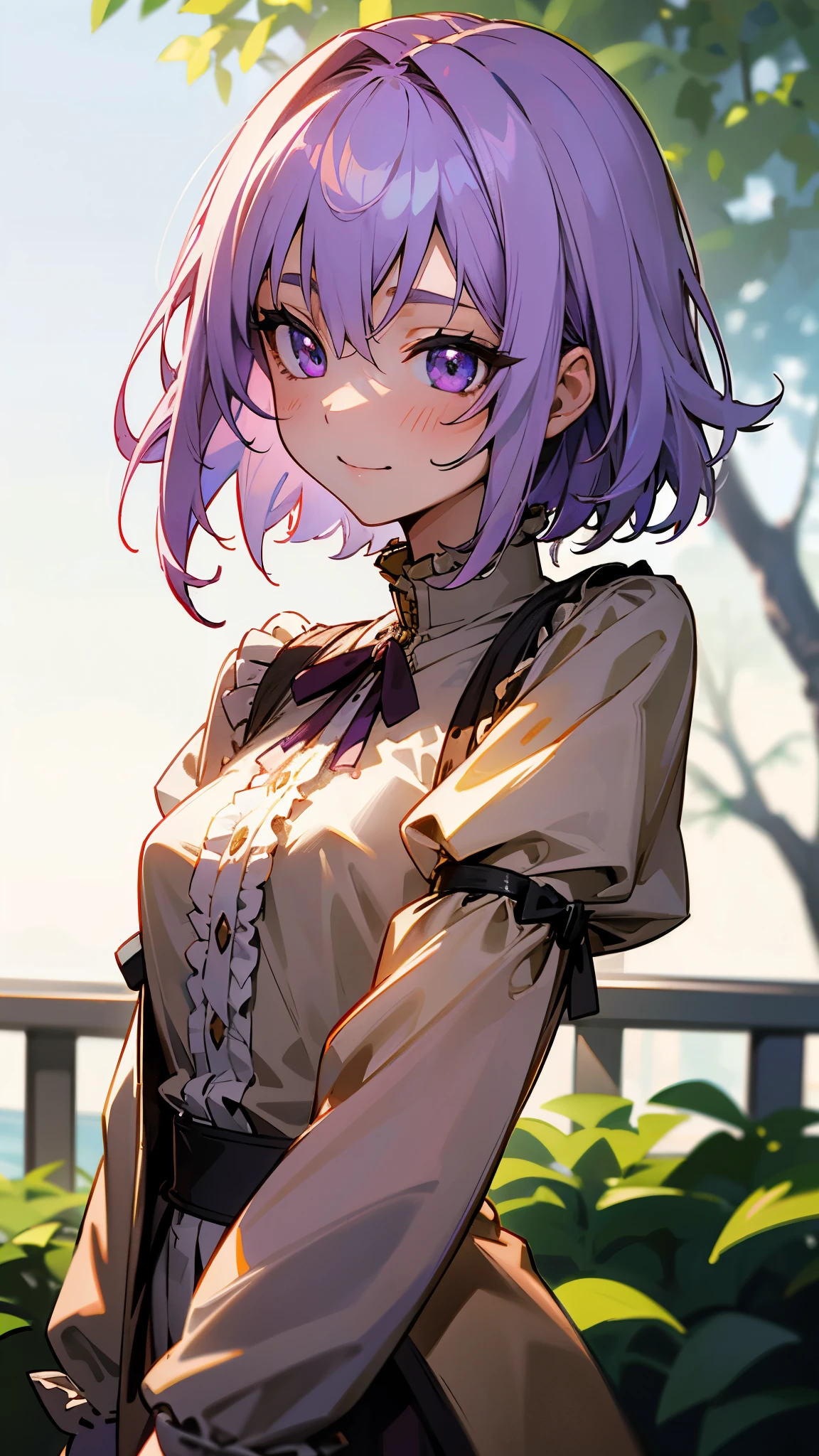 One Girl、8k、Sharp Focus、(Bokeh) (Best Quality) (Detailed skin:1.3) (Intricate details) (anime)、Upper body close-up、From the side、Natural proportions、smile、White skin、Small breasts、Light purple hair、Short Hair、Hair between the eyes、Beautiful purple eyes、Brown jacket、(Long sleeve blouse)、Frilled blouse、Morning cafe terrace、Background blur、Write boundary depth