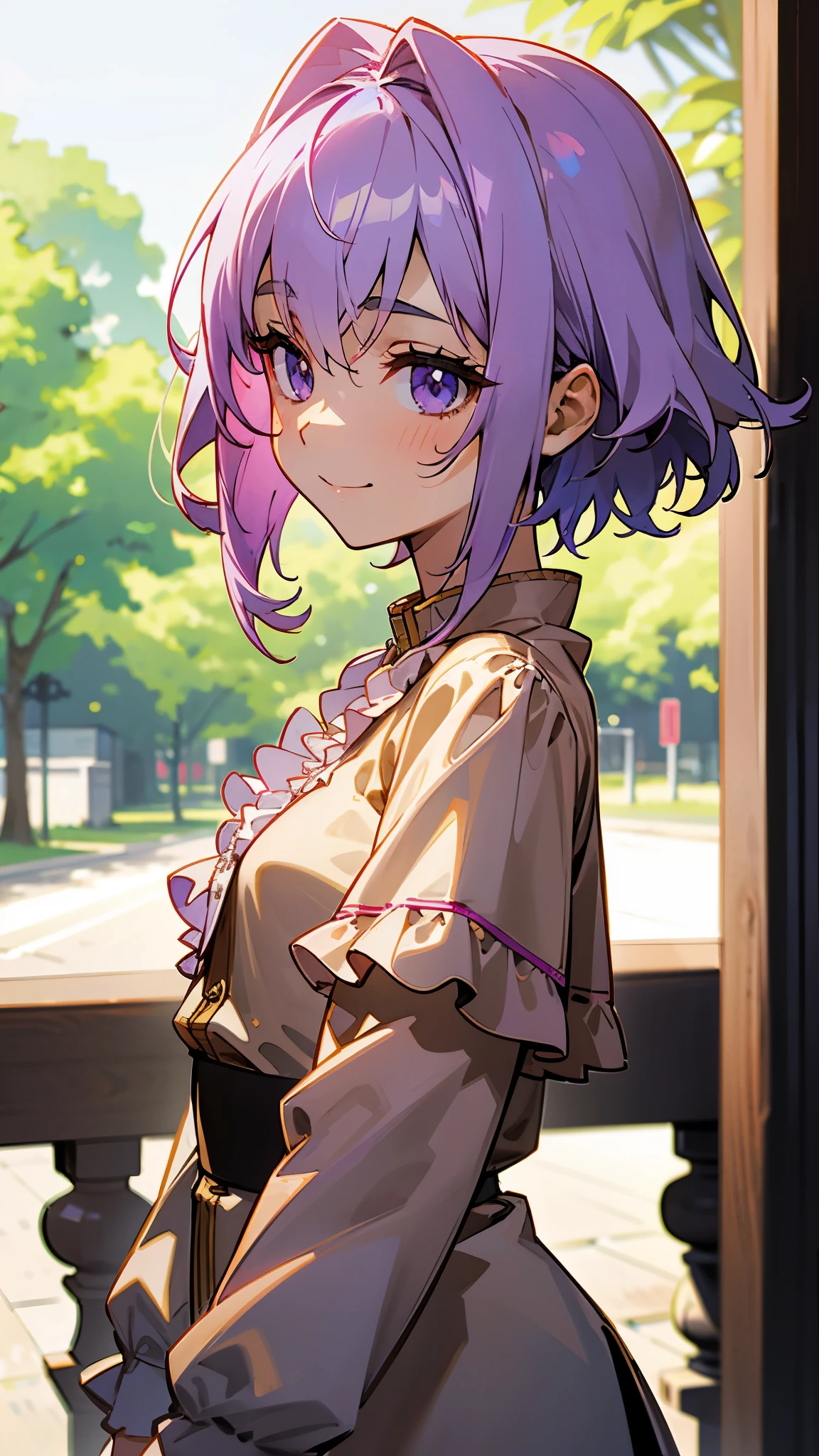 One Girl、8k、Sharp Focus、(Bokeh) (Best Quality) (Detailed skin:1.3) (Intricate details) (anime)、Upper body close-up、From the side、Natural proportions、smile、White skin、Small breasts、Light purple hair、Short Hair、Hair between the eyes、Beautiful purple eyes、Brown jacket、(Long sleeve blouse)、Frilled blouse、Morning cafe terrace、Background blur、Write boundary depth