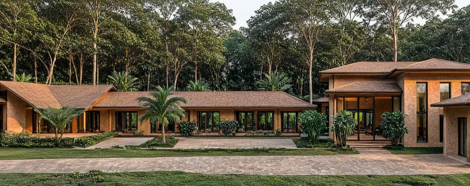 A resort with a modern architectural style, the buildings are built with brown walls and roofs covered with leaves, bringing closeness to nature. The building is surrounded by lush green landscape, creating a feeling of quiet and relaxation. In front is a large grass yard, suitable for outdoor activities. Large windows open wide to let in natural light, along with modern design details that are still in harmony with the surrounding natural scenery.