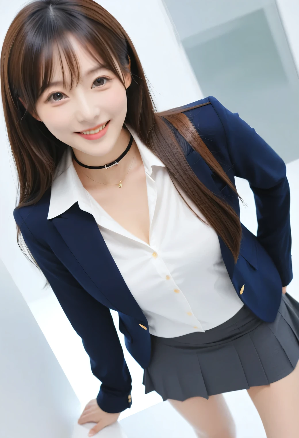 Score_9, Score_8, Score_8upScore_7, Best Quality、masterpiece、((live-action, photograph)), ((Layered Cut)), (White tight shirt、Navy Blazer、mini skirt)), Slender body, Slim face、(8k,Best Quality),Shooting from close up, Adorable, smile, Happy expression, Straight long brown hair,((Black choker))、Almond Eye、bangs、Very long eyelashes, Perfect Makeup、Portrait, ((Japanese Idols、Very large breasts))、Very large breasts 、Big Breasts、((Cute Japanese Top Idols.))、、((Futuristic Laboratory))、The button on my shirt is about to pop off、Cleavage
