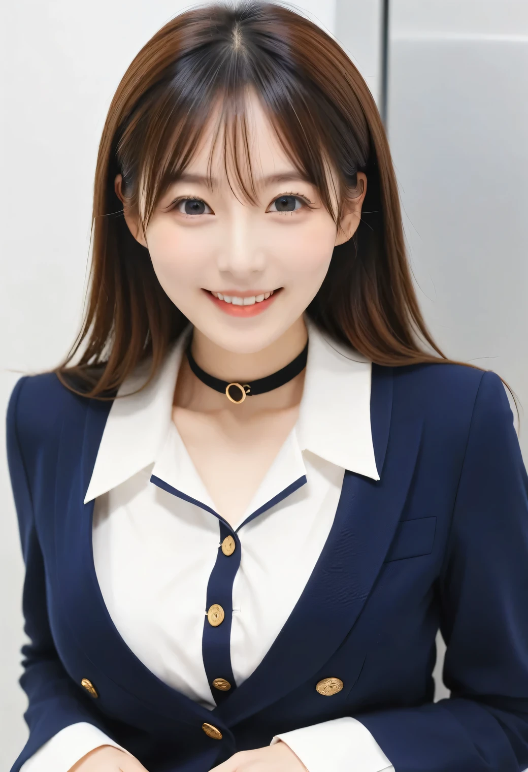 ((Highest quality, 8k, Representative works in detail, Ultra-high resolution)), (Looking at the audience), ((講演を聞くFemale studentたち)), Attractive woman, ((Big Breasts)),  smile, ((Black choker)), Slim figure, (blue eyes), Long eyelashes, bangs, Beautiful shiny brown hair, Nogizaka Idol, Slim face、((suit，uniform))、Dependents、Female student、((big round table))、Perfect Makeup、Elegant woman、Satin semi-transparent shirt，Noble daughter，Luxury Accessories
