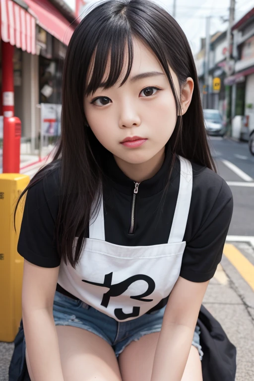 top-quality，Knees，Lowered eyebrows，poneyTail，Black T-Shirt Dress，(embarrassed from，red blush)，(14 year old girl)