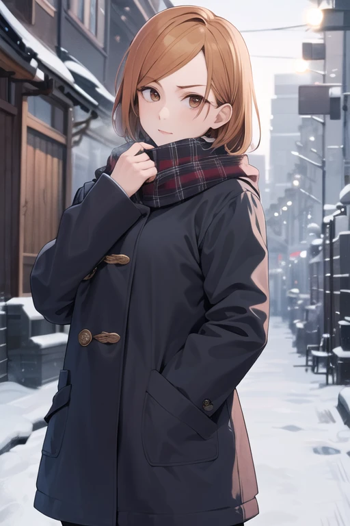 masterpiece, best quality, highres, aanobara, short hair, winter clothes, snow, street, looking at viewer, scarf,