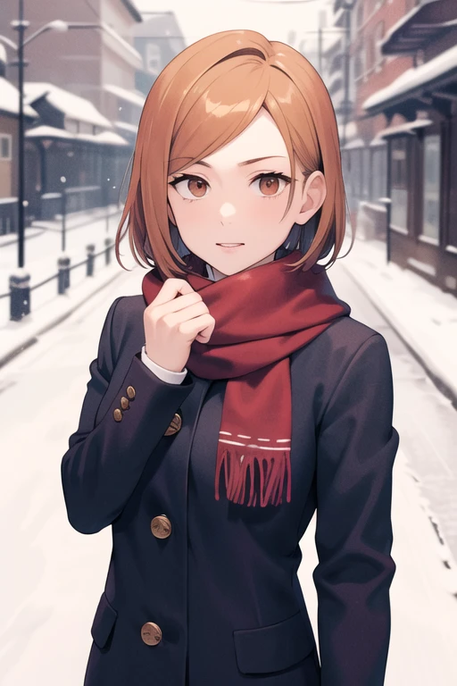 masterpiece, best quality, highres, aanobara, short hair, winter clothes, snow, street, looking at viewer, scarf,