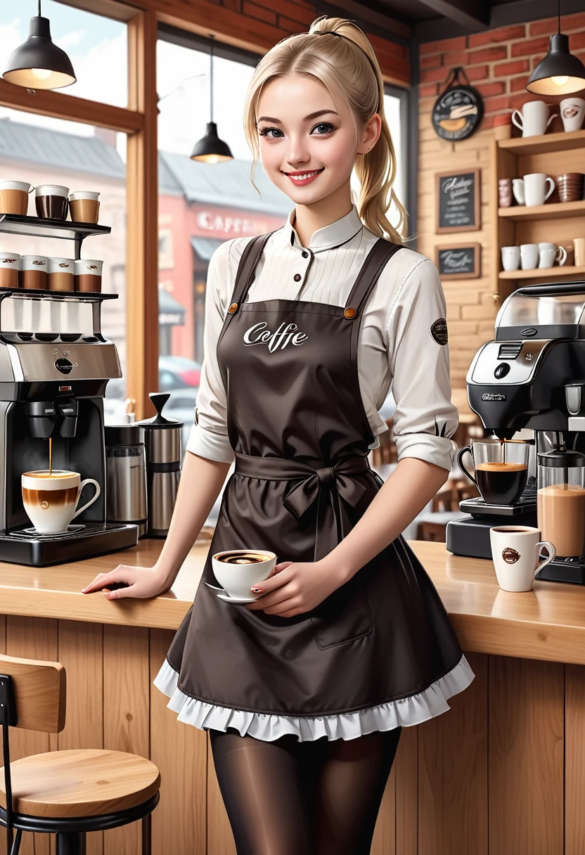 (ultra realistic illustration),Coffee shop cafe. Pretty 21yo Slavic woman, perfect figure, small natural breasts, blond hair, brown eyes, ((very pale:1.3)),  Ponytail, mascara, Barista, blouse, apron,'GM Cafe', skirt, black pantyhose, high heels. Warm smile.