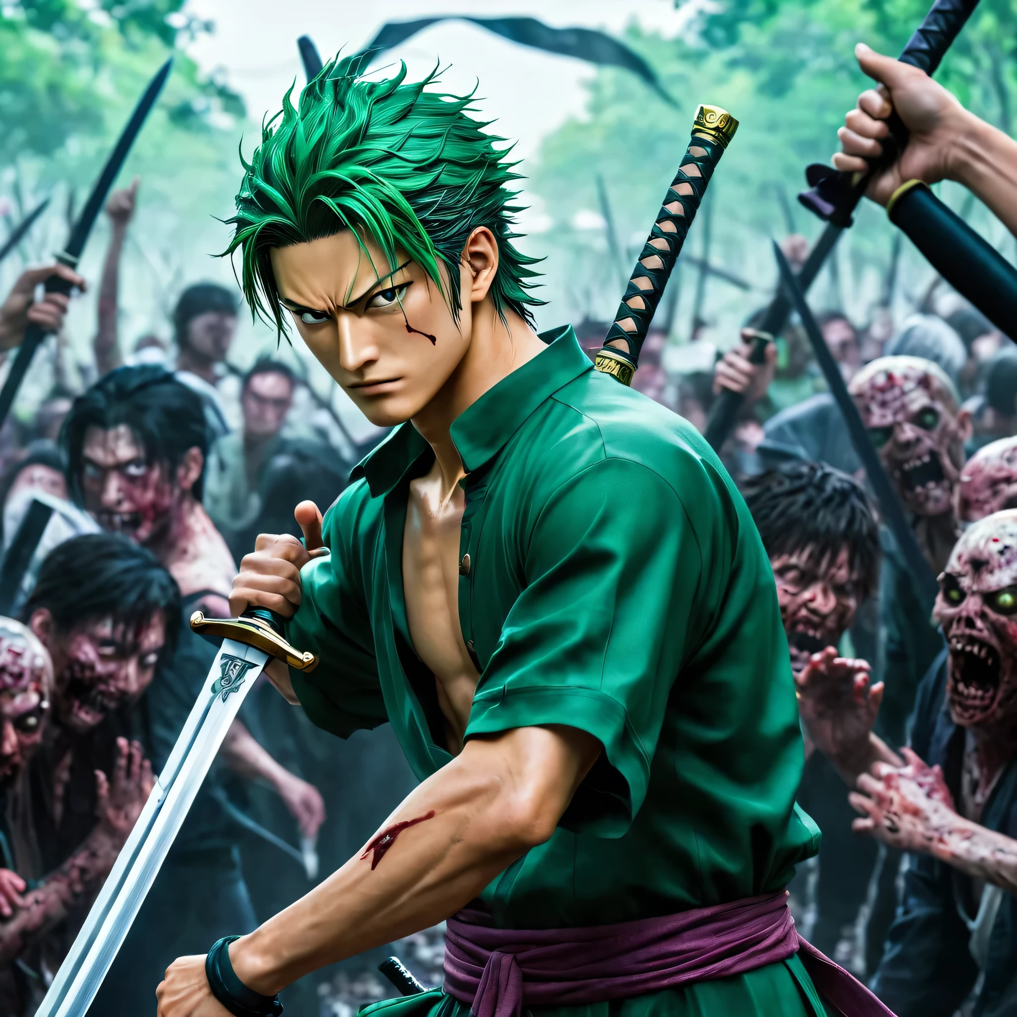 A close-up of a person holding a sword in front of a group of zombies., Roronoa Zoro, anime rudo 8K, 4k manga wallpaper, best anime 4k konachan wallpaper, Epic anime artwork, handsome guy in demon slayer art, Demon Hunters art style, Anime Art 4K Wallpaper, anime art wallpaper 4k, 4k animated wallpaper