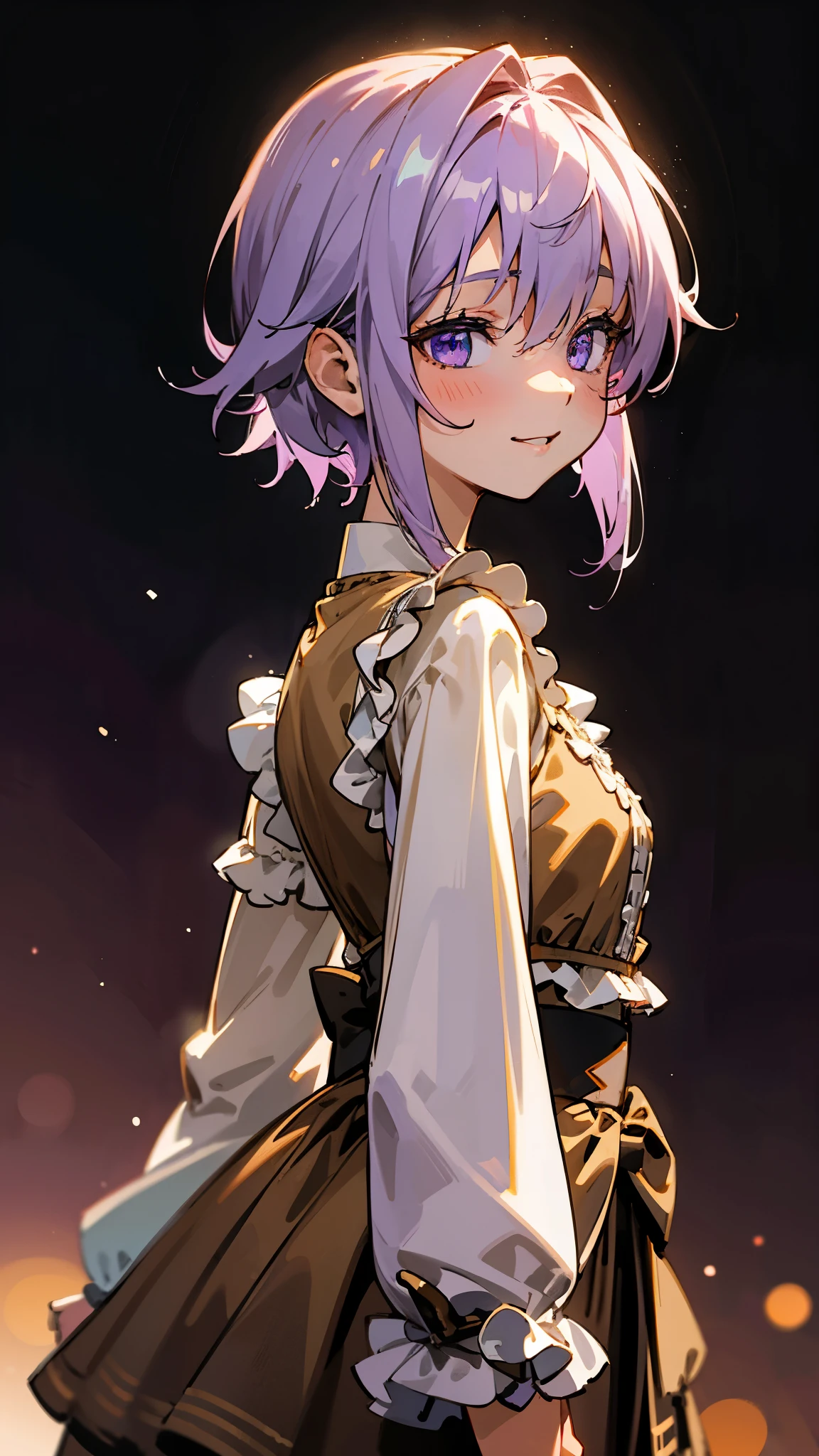 One Girl、8k、Sharp Focus、(Bokeh) (Best Quality) (Detailed skin:1.3) (Intricate details) (anime)、Upper body close-up、From the side、Natural proportions、smile、White skin、Small breasts、Light purple hair、Short Hair、Hair between the eyes、Beautiful purple eyes、Brown jacket、(Long sleeve blouse)、Frilled blouse、Morning cafe terrace、Background blur、Write boundary depth