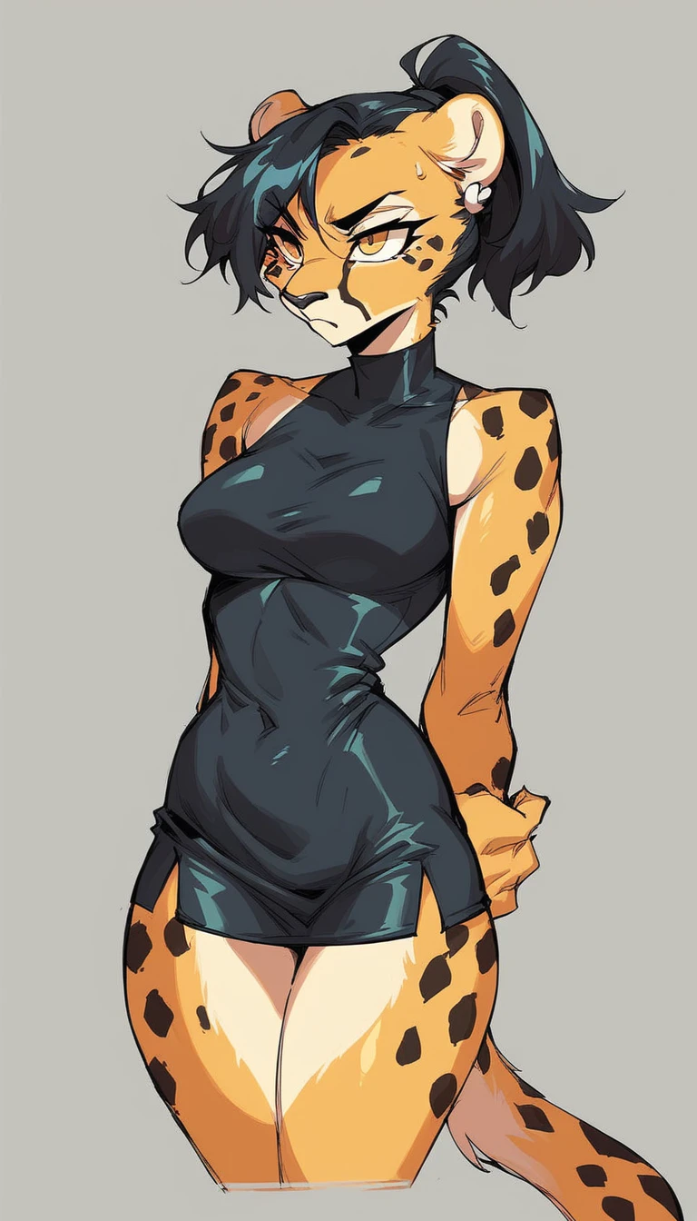 Solo, score_9, score_8_up, score_7_up, anthro furry female cheetah, ponytail black hair, defined tummy, golden eyes, medium breasts, wearing a short black tight-fitting dress, serious face expression, standing, whole body, silver earings.