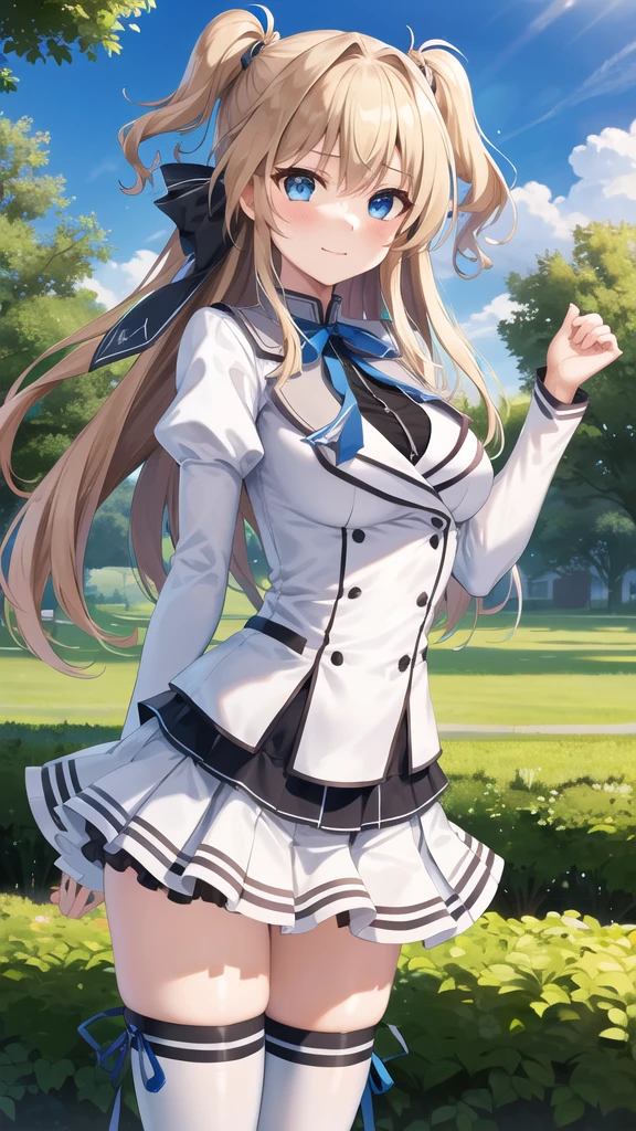 masterpiece, best quality, highres, 1girl, solo, long hair, blonde hair, two side up, (hair ribbon:1.1), blue eyes, neck ribbon, school uniform, white jacket, juliet sleeves, long sleeves, white skirt, thigh ribbon, black thighhighs, outdoors, cowboy shot, standing,