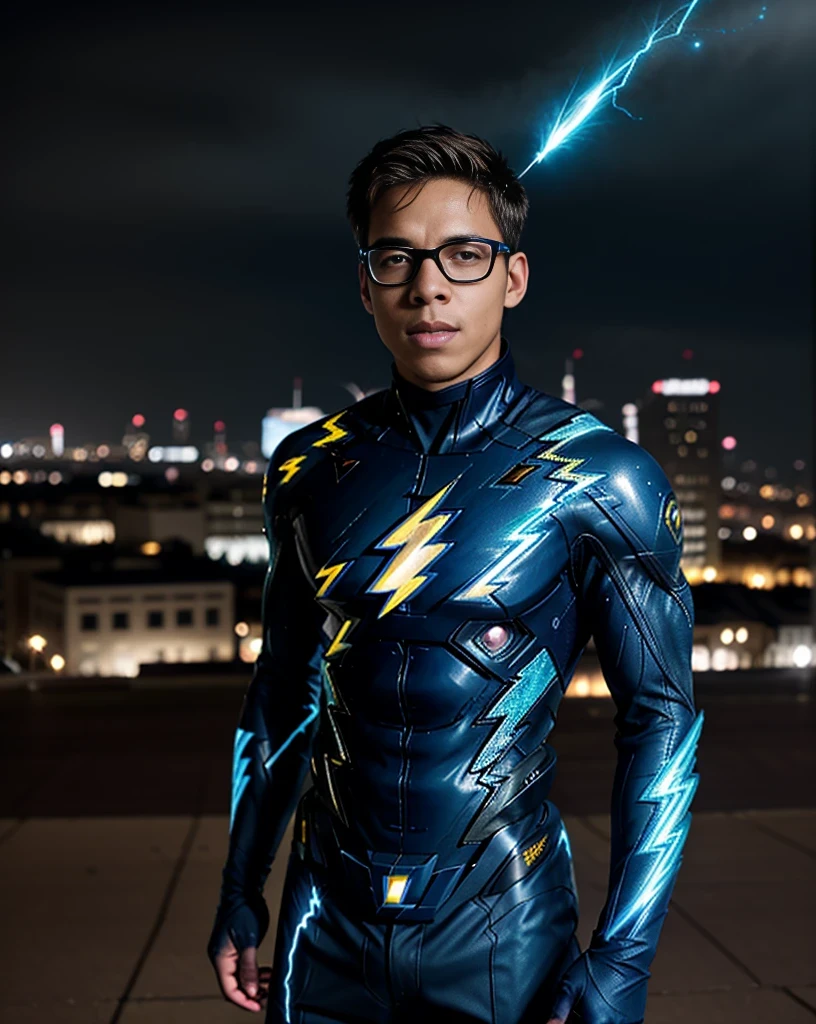 (****ung man in soul body with blue and black lightning particles emitting around it), 3D rendering, movie special effects, movie lighting, city in ruins, clear HD, 8K resolution, very detailed, digital painting, concept art, Shinkai Makoto style, pop popularization trend, pop, pop trend, pop trend on pixiv.