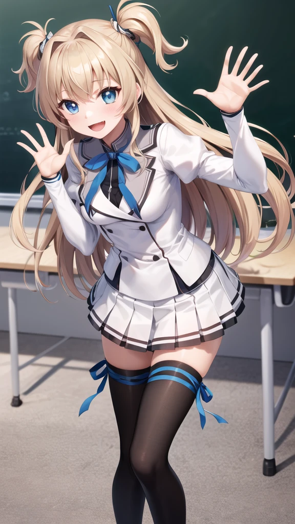 masterpiece, best quality, highres, 1girl, solo, long hair, blonde hair, two side up, (hair ribbon:1.1), blue eyes, neck ribbon, school uniform, white jacket, juliet sleeves, long sleeves, white skirt, thigh ribbon, black thighhighs, classroom, smile, open mouth, waving