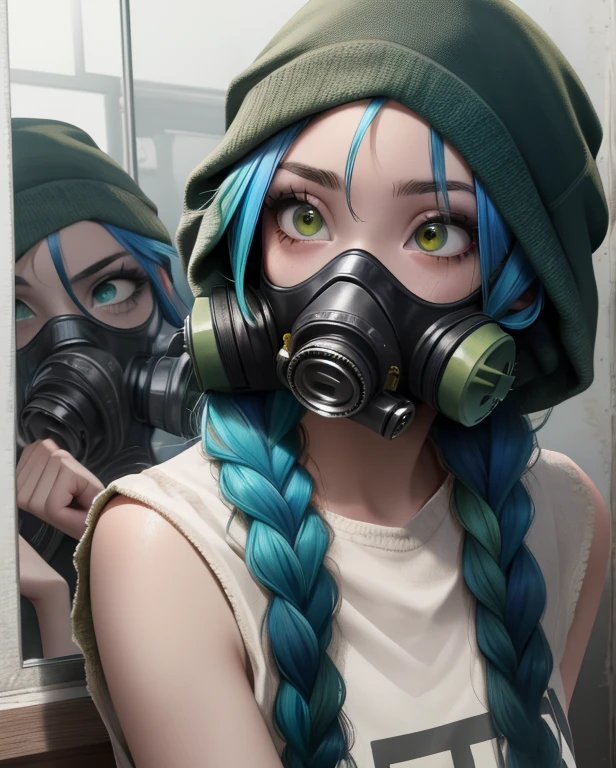 woman, (three-colored hair, green, yellow, red), braids, bright eyes, reflection, gas mask, (old clothes, rags), soot, apocalyptic scenario,