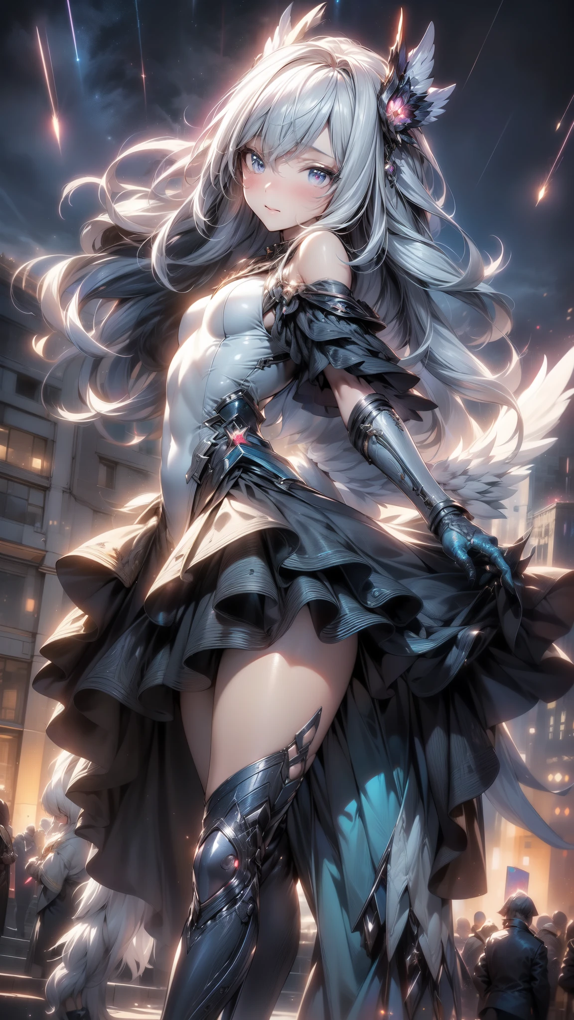 Highest quality,Highest Resolution,Beautiful girl with angry face in gothic lolita leotard,Frills,High leg,(((Floating in the air))),Halo,Night Sky,Severe lightning strike,Thick Lightning,Very beautiful red eyes,rain,(((Black angel wings on the back))),whole body,front,Purple long hair,In hand１with two big spears,Knee-high stockings,garter belt,Floating in the air,darkness,