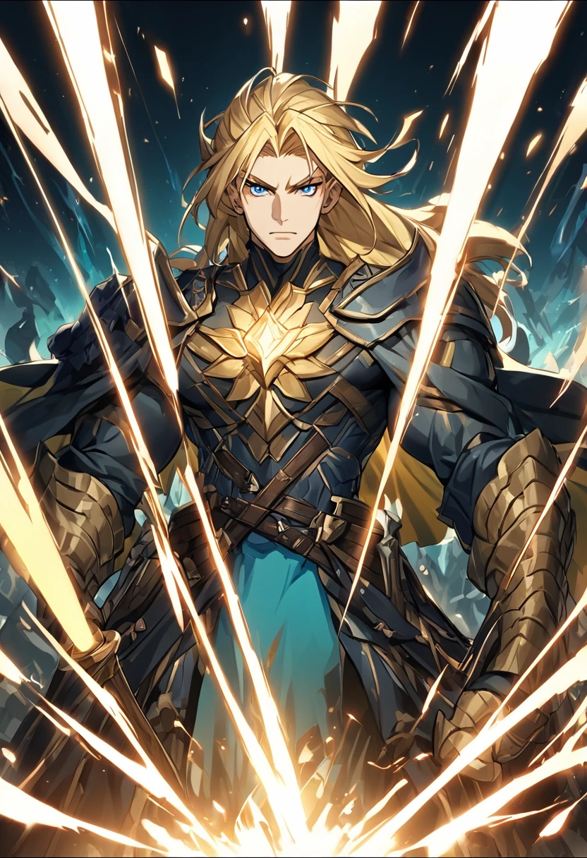 Fendrix, the Warrior of Light: Fendrix is ​​a primordial being of good, with an adventurous spirit and a passion for battle. He is tall and muscular, with long blond hair and bright blue eyes. He carries several swords, each with unique powers and abilities, including the ability to emit light to illuminate the way and blind his enemies. Fendrix is ​​a skilled and fearless fighter, and is always willing to face any challenge in the name of justice and good, 8k high definition