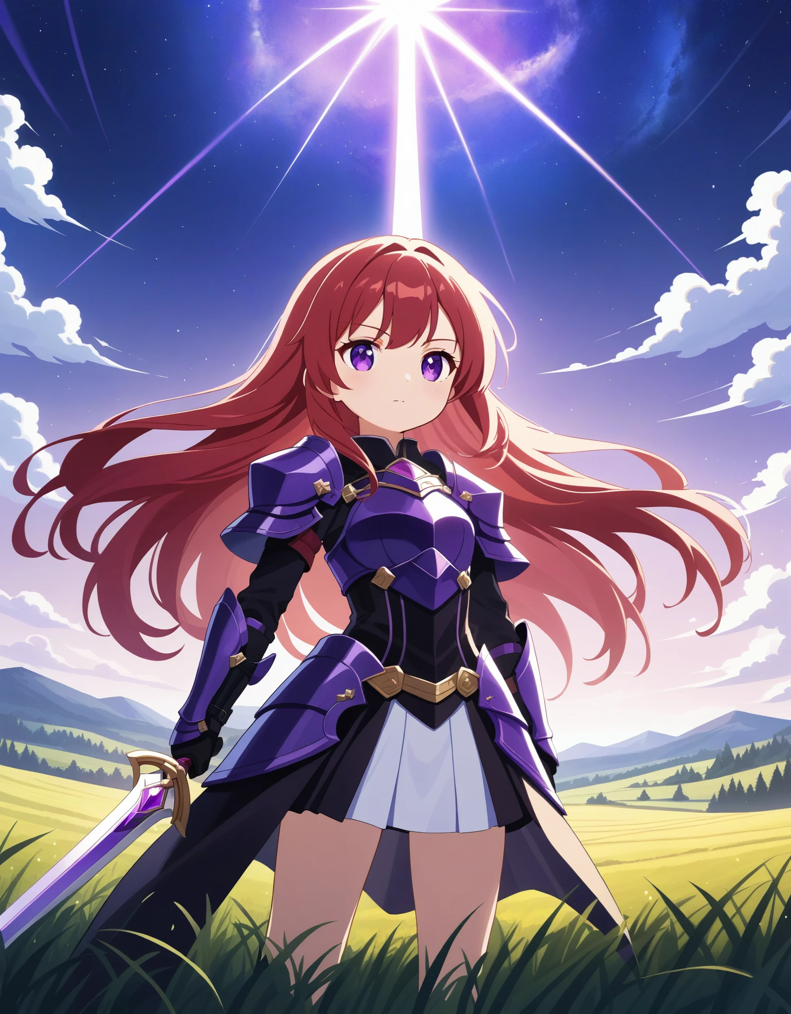 a young girl holding a great sword, long hair, red hair, beautiful purple eyes, wearing armor dress, skirt, far away the horizon a fantasy amethyst structure stands tall in the sky, focus face, field, best quality,