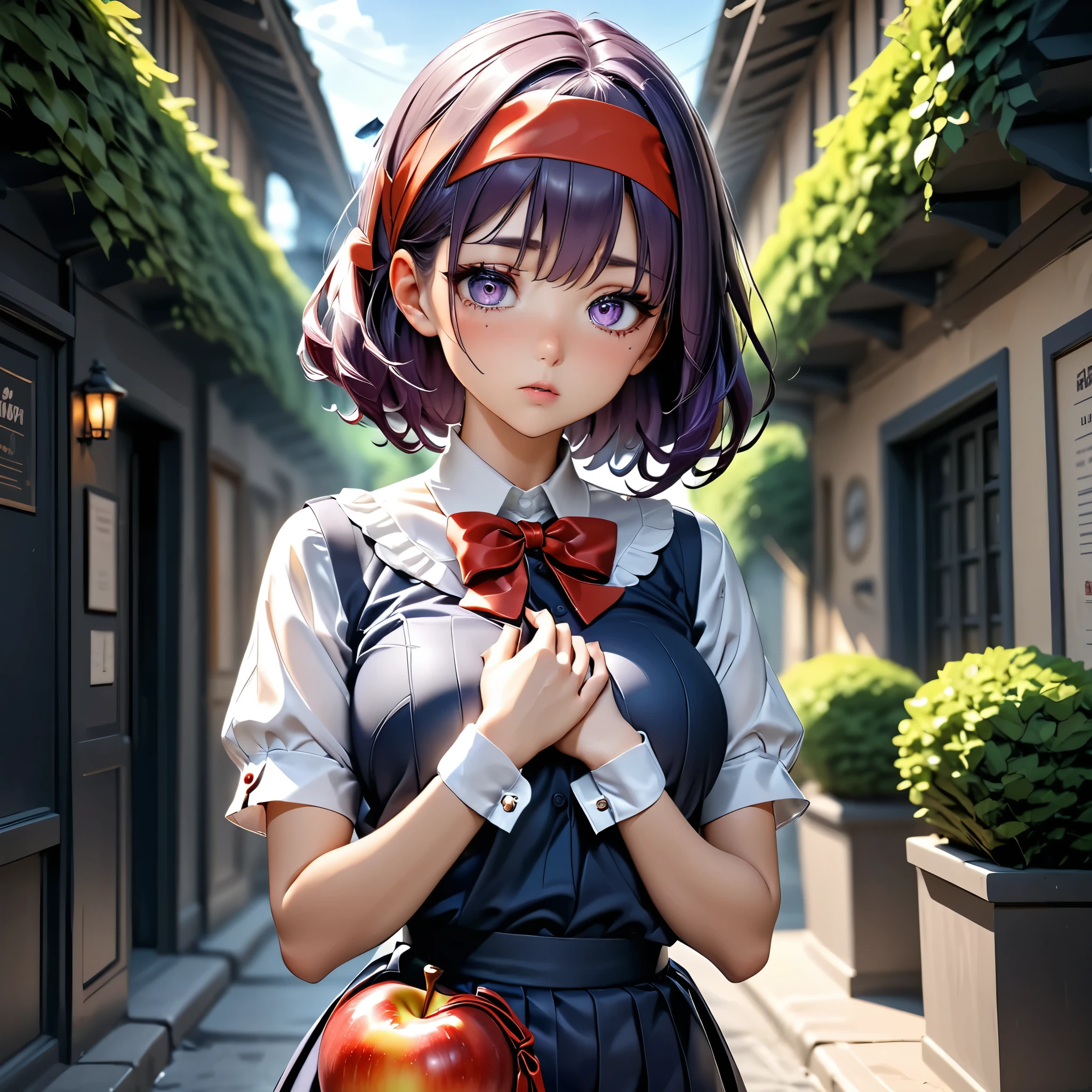 masterpiece, 4k, HDR, full HD, (best quality), (ultra detailed), (only), (extremely delicate and beautiful fabric), super intricate ANIME TYPE, best quality, 1girl, very expressive eyes, deep purple hair, hyper beautiful face, hair purple, Perfect anatomy, shiny and oily skin, full body, alone, LOOK: Midi skirt in soft yellow, combined with a short-sleeved navy blue top with a white collar and red details on the cuffs. Accessories: Red headband with bow, bright red low-heeled shoes, and an apple-shaped bag. standing ((tilted slightly towards the front))