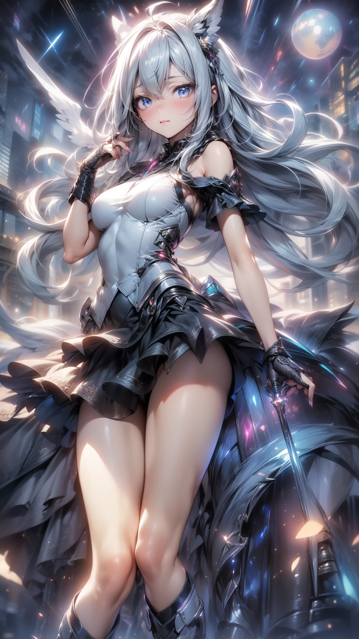 (masterpiece, best quality:1.4), solo focus, (full body:1.2), (medium breasts:1.2), very long hair, (black thighhighs:1.3), (silver hair:1.4), high heels, perfect anatomy, microskirt, fox ears, open shirt,