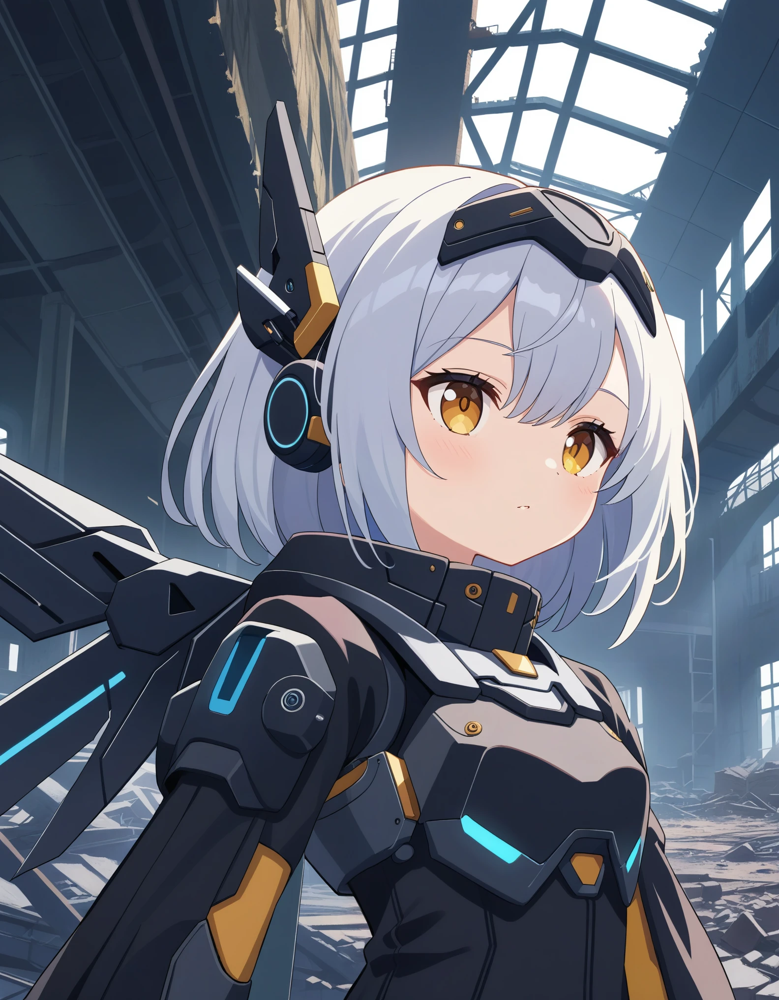 a mecha girl in the ruins of an abandoned robot factory, platinum hair, half-close eyes, mechanical wings, best qualiy,