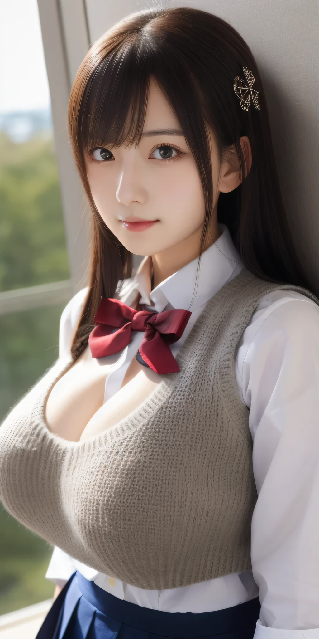 Above Orihime, Huge breasts bigger than her face, standing, Alone, School_Uniform_white_shirt_red_Bowtie_gray_mini skirt__sweater_vest, masterpiece, Best Quality, Detailed face, Detailed eyes, High resolution,Black Hair