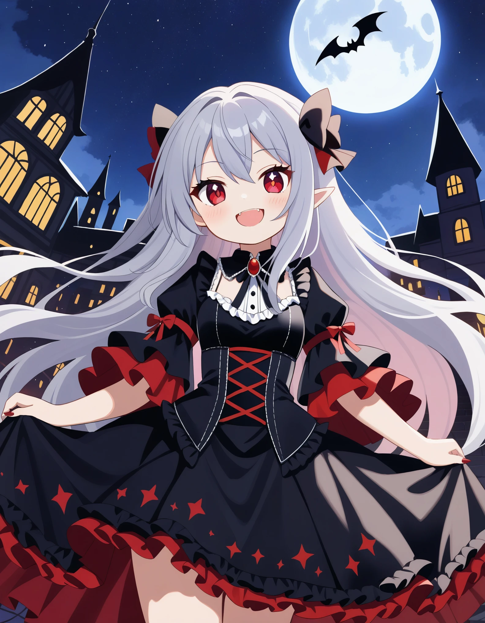 a young vampire girl, corruption, silver hair, long hair, red eyes, evil smile, black gothic dress, frilled skirt, bat wings, fang, fantasy, nightmare fantasy town, starry sky, best quality,