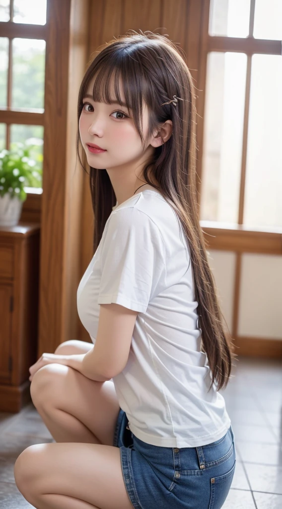 18 year old girl， （masterpiece： 1.4）， （8k， really， RAW photos， best quality： 1.4）， Japanese， （1 girl）， beautiful face， （real face： 1.4）， （caramel hair,ponytail:1.3）， hair style，beautiful and delicate eyes， （real skin： 1.3）， beautiful skin， attractiveness， ultra high resolution， Ultra photoreal simulation， khd， golden ratio， （detailed face： 1.4）， （Japanese actor： Haruna Kawaguchi），1 white t-shirt， thong, with short black hair，NSFW，big，big butt emphasis，Please look at the camera，sitting on bed,drenched in sweat