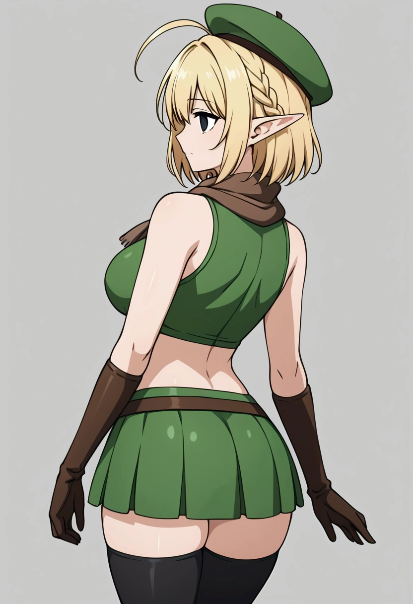 Parisian,1mature woman,elf,Short Hair,french braid,braid,ahoge,blonde,(slender),Big Breasts,Tall,empty eyes,Black Eyes,brown gloves,Black elbow gloves,((black thigh highs))、Small black beret、Brown scarf、green crop top,sleeveless,green mini skirt,brown knee boots,Thin thighs,isekai,fantasy,full body,From behind