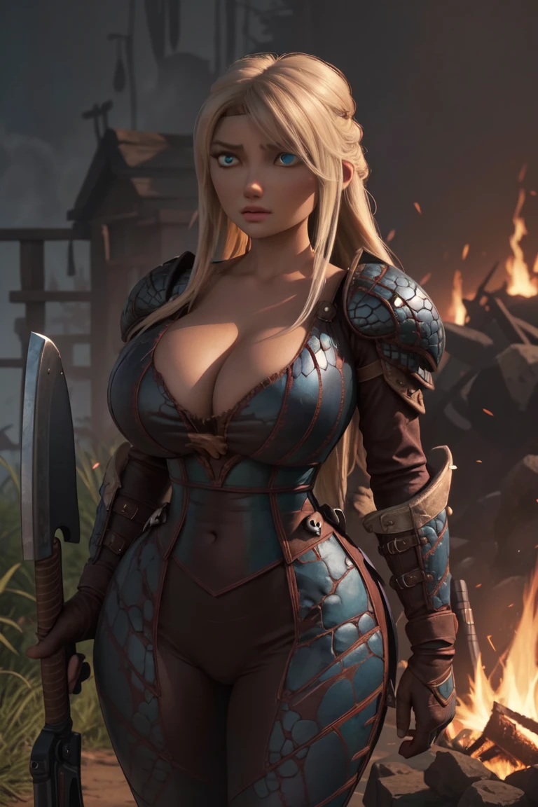 work of art, high qualiy, best qualityer, realisitic, face perfect, expressive eyes, Astrid Hofferson, 1 girl, standing alone, hair blonde, long hair, blue colored eyes, armors, Breasts huge, v-cut, sample neck, absolute cleavage, voluptuous,thick thighs, wide hips, big ass., zetai ryouiki, standing, holding gun, ax, (hand on fist), fire, Burning, embers, Flame, smoke, sparks, (tenebrosa, natta, tenebrosaness:1.3), Depth of field